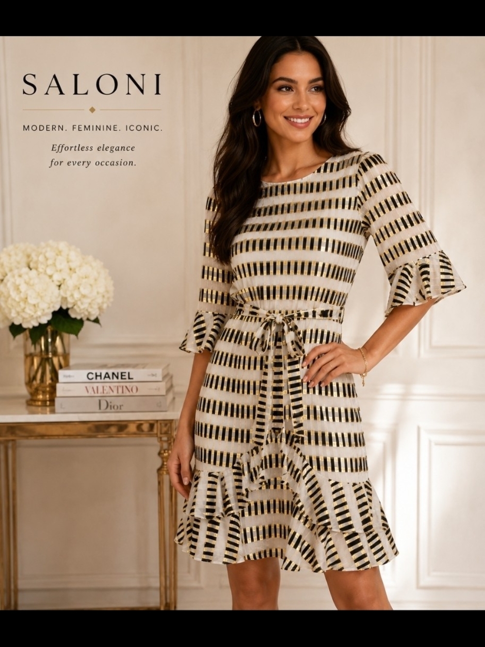 SALONI Black & Gold Metallic Ruffle Dress | Size 6